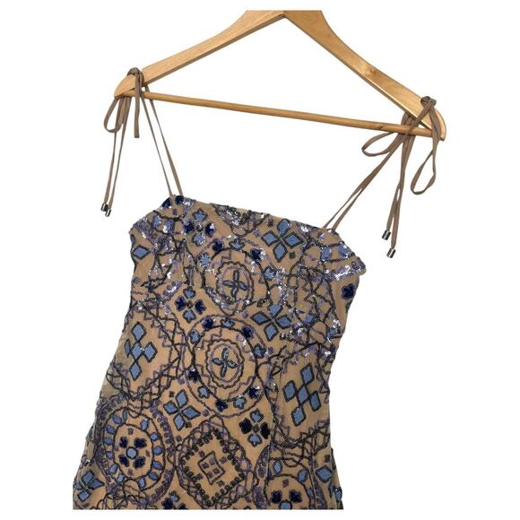 Free People Dress Womens 2 Blue Tan Sequin Mini Boho Festival Party Mesh HOCO - Picture 7 of 12